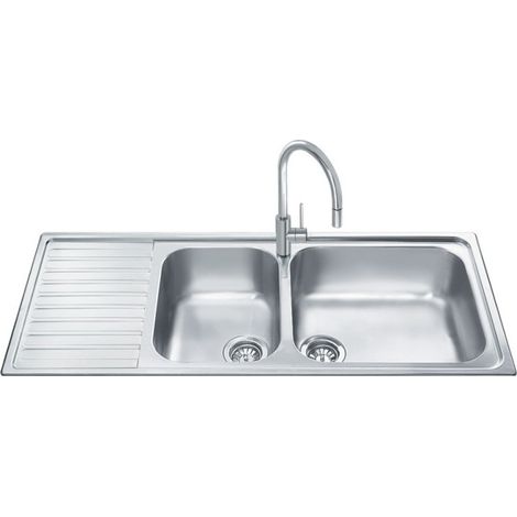 Lavello incasso semifilo 2 vasche e gocciolatoio sinistro 116x50 Smeg LGM116S inox (1/4)