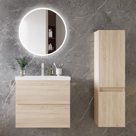 Ocean Ensemble de meubles de salle de bain, 6038,552cm, meuble avec vasque + miroir LED rond + meuble colonne 110cm, Chêne (1/5)
