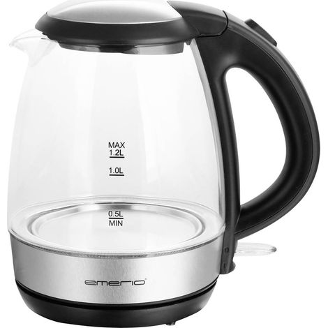 EMERIO WK-125145 Bollitore senza filo Vetro, Nero, Argento Capacità effettiva: 1.2 l (1/5)