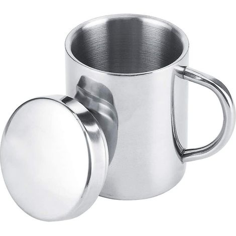 Kaffeebecher aus Edelstahl, doppelwandiger Becher mit Deckel und Henkel, ideal zum Wandern und Campen. (1/5)