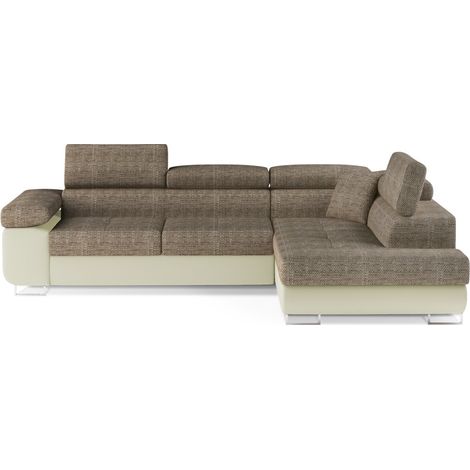 Canapé d'angle convertible MENTON beige bouclé – 4 places avec coffre et têtières