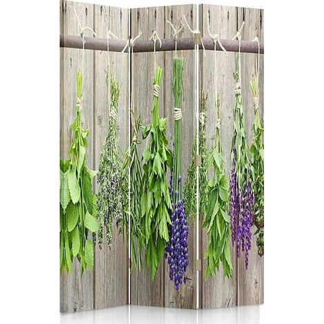 Paravent Décoratif Herbes Aromatiques 3 Panneaux Design - 110 x 180 cm - 1 face déco, 1 face noir