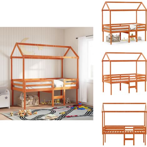 Hochbett mit Dach Wachsbraun 90x200 cm Massivholz Kiefer - Kinderbett - Hochbett - Holzbett - Kiefernholzbett - Jugendzimmer (1/5)