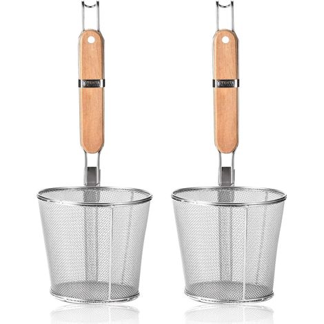Lot de 2 passoires à pâtes en acier inoxydable, poignée en bois, diamètre 14 cm, pour cuisson et égouttage (1/5)