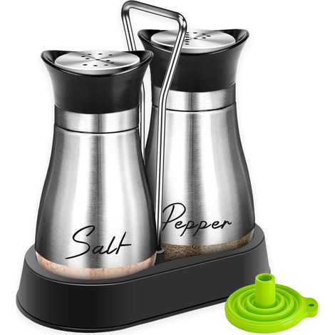 Ensemble salière et poivrière avec support, salière et poivrière en acier inoxydable avec fond en verre, rechargeable, gadgets de cuisine pour comptoir, table décorative moderne (argenté) (1/5)