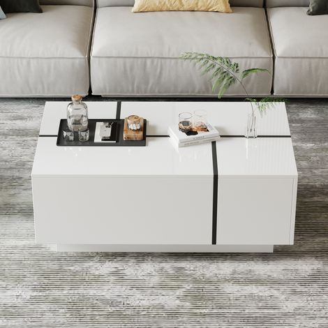 Table basse carrée moderne blanche, table de salon en couleurs patchwork avec aspect brillant, 100 x 60 x 40 cm – table de salon avec quatre tiroirs, plateau coulissant, capacité de charge jusqu’à 30  (1/5)