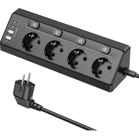 Prise d'angle avec USB, Multiprise à 4 Prises avec Interrupteur, Multiprise avec 2 USB et 2 Type-C, Protection Antisurtension 8 en 1 avec câble de 2M pour Smartphones Tablettes, Maison, Noir (1/5)