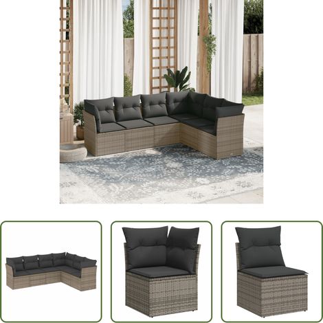 Gartensessel -  6-tlg. Garten-Sofagarnitur mit Kissen Grau Poly Rattan (1/5)