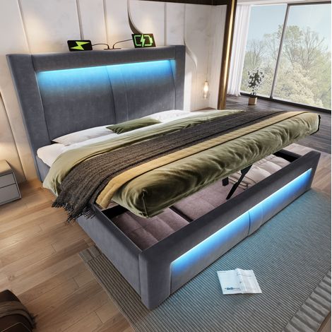 Letto con contenitore in velluto grigio 160x200 cm, LED con app, USB e Type-C, rete a doghe inclusa (1/5)