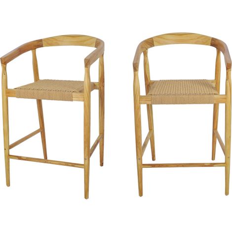Drawer – Lot de 2 fauteuils de bar en teck massif et corde tressée – Hauteur d’assise 65 cm – Style bohème pour cuisine et bar (1/5)
