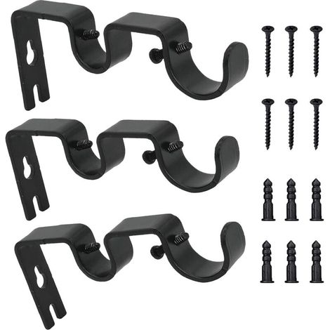 3pcs Supports de Tringle à Rideau, Support Mural Réglable Tringle, Double Supports de Pôle Rideau, Métal Supports Muraux Tringle Robuste avec Vis Pour Rideau de Fenêtre Murale (Noir) (1/5)