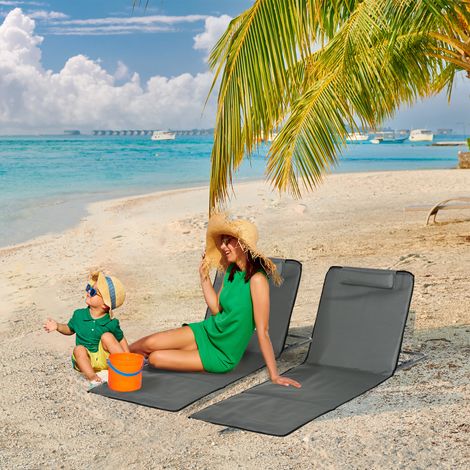 Set 2 Lettini Spiaggia Pieghevoli con Schienale Regolabile a 5 Livelli e Borsa, Grigio