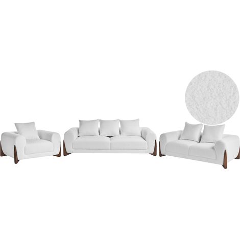 Conjunto de sala de estar 6 plazas sofás y sillón tapizado de bouclé con reposabrazos patas de madera sala de estar moderno blanco Vinliden