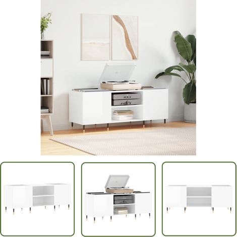 The Living Store Armoire à disques blanc brillant 121x38x48 cm bois d'ingénierie - Meuble À Disques - Armoire À Vinyle - Rangement Disque Vinyle - Étagère Musique - Support Tourne-disque (1/5)