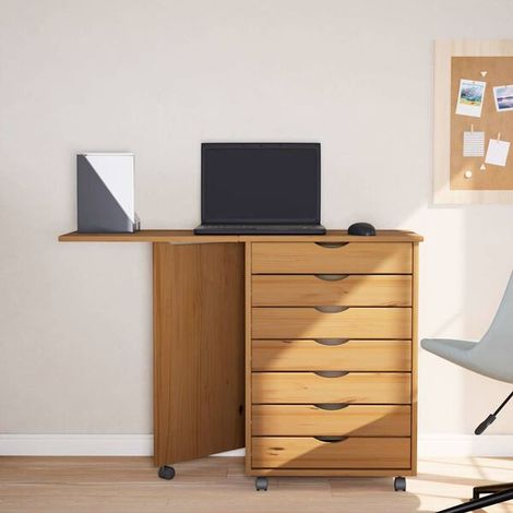 Meuble de Rangement Mobile avec Bureau Intégré en Pin Massif Couleur Miel - Armoire à Roulettes Multifonction pour Petit Espace, Style Scandinave (1/5)