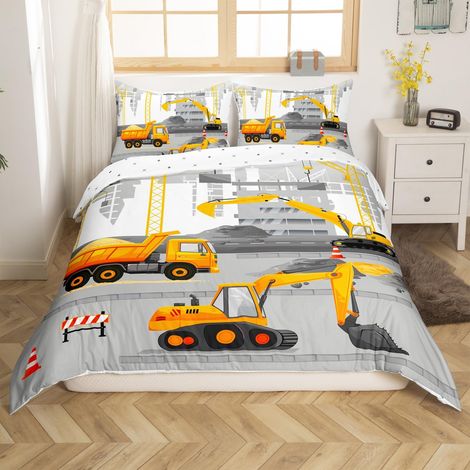 Parure de lit avec housse de couette 135 x 200 cm - Motif véhicule de chantier - Motif camion de chantier - Gris/jaune (1/5)