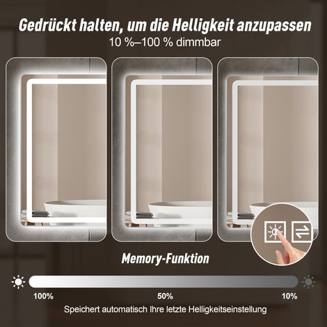 Miroir mural LED sans cadre 60x100cm, glace de salle de bain, anti-buée, variateur d'intensité, verre trempé incassable, idéal pour décoration murale, maquillage et rasage. (1/5)