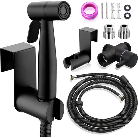 WC-Sprühset für Bidet, Handbrause aus Edelstahl, mit G1/2"-T-Ventil und G3/8"-Adapter - für die persönliche Hygiene (Schwarz) (1/5)