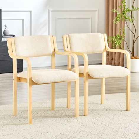Set di 2 sedie da pranzo in legno curvato con braccioli, tessuto teddy, colore bianco (1/5)