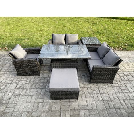 Fimous 6pcs Ensemble de meubles de jardin en rotin ave Table à manger réglable en hauteur ave Grand Tabouret Table d'appoint Gris foncé (1/5)