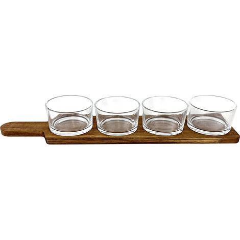 Bols à trempette ronds en verre SUR base de table à trempette en acacia, 5 pièces. (1/3)