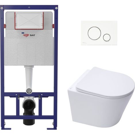 WC-Set SAT ECO 2L Vorwandelement 112 cm + Infinitio Rimless Hänge-WC SoftClose Weiß + Betätigungsplatte Weiß/Chrom