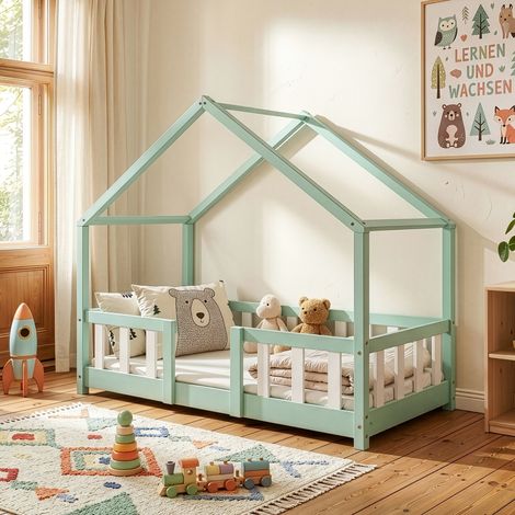 Cama para niños Treviolo forma de casa pino 70x140 cm Verde menta / Blanco [en.casa] (1/5)