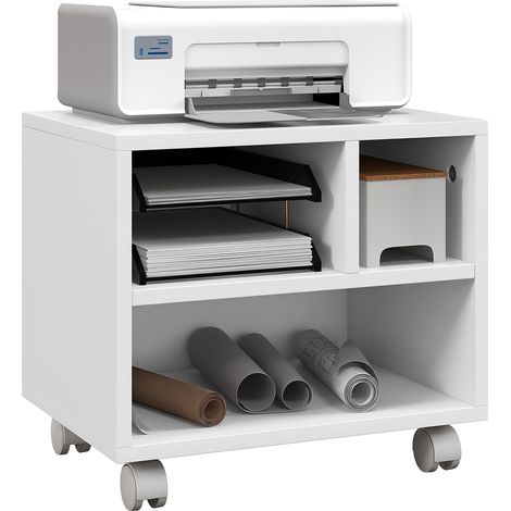 Meuble support d'imprimante compact blanc – 3 niches ouvertes – Roulettes pivotantes 360° avec frein – Panneaux de particules E1 robustes – MH (1/5)