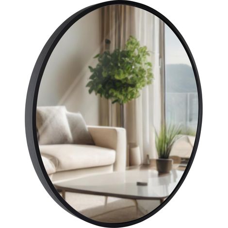 Miroir mural rond 45 cm cadre minimaliste noir 3 cm design moderne fixation murale incluse 100008525