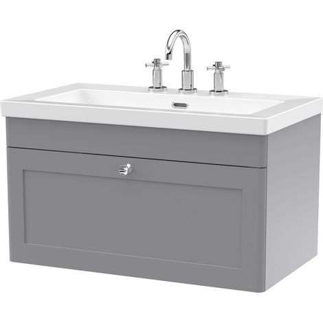 Swynnerton Traditional 1 Drawer Wall Hung Vanity Unit with Fireclay Basin, Satin Grey, 800mm