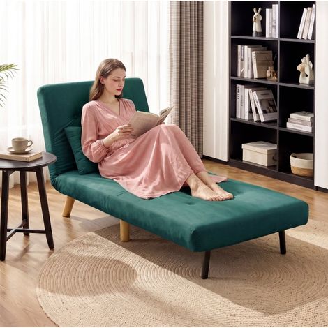 MODFU – Transat 3-en-1 72x190 cm – 6 positions inclinables 180° – Velours polyester – Structure métal – Vert foncé (1/5)