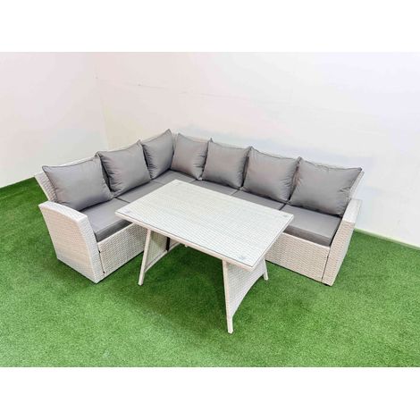 Fimous Garden Outdoor Rattan Furniture Set Rattan Corner Sofa Oblong Dining Table Set Light Grey Mixed 6 Seater (1/4)