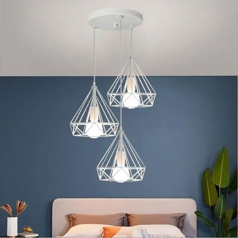 Lampe Luminaire Plafonnier Industrielle Vintage Blanc Lustre Suspension en Diamant Cage Métal pour Salon Chambre (1/4)
