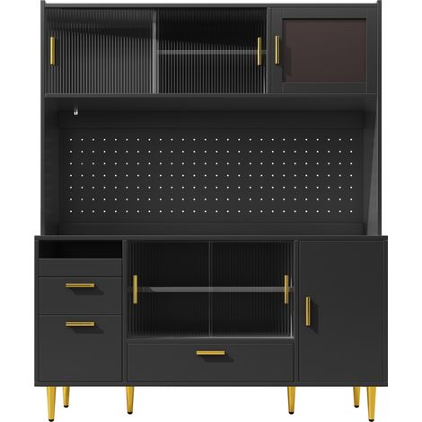 Buffet noir brillant avec éclairage LED, panneaux perforés et portes coulissantes en verre, meuble de cuisine 140x40x180 cm (1/5)