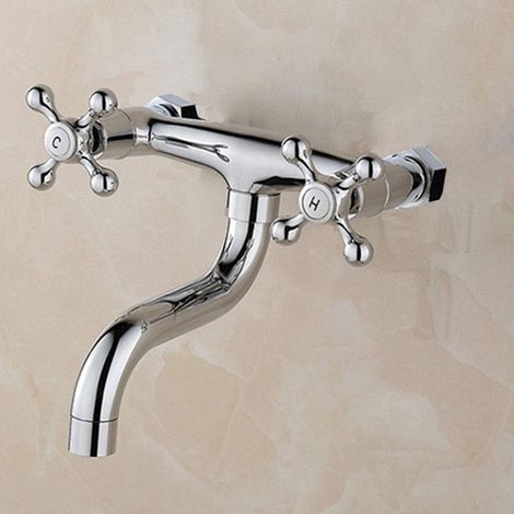 Wandarmatur Zweigriff Wasserhahn Wandmontage Küchenarmatur 16 17 6CM Bad Armatur Spültisch Mit schwenkbarem Auslauf für Waschbecken Badinstallationen, Silber