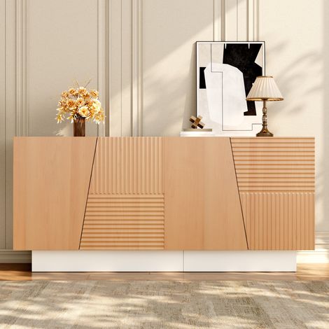 Aparador mueble buffet de salón 160x40,5x72 cm con 4 puertas de diseño geométrico estantes ajustables de mdf y pb color blanco y natural (1/5)