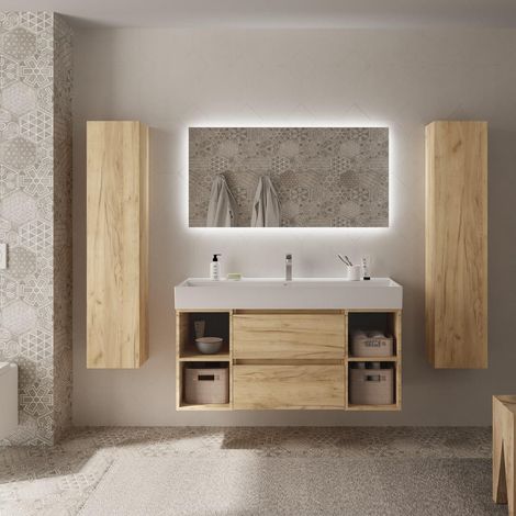 Meuble de salle de bain BEQUIA Plus 120cm Chêne Vasque Porcelaine Centrale (1/5)