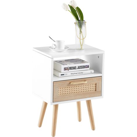 Table d’appoint en rotin avec tiroir et pieds en bois massif, table de chevet moderne pour salon ou chambre, blanc, 55×40×30 cm