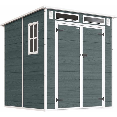 Caseta de almacenamiento exterior, con aspecto de madera, 3 ventanas, puertas dobles, 182 x 182 cm.