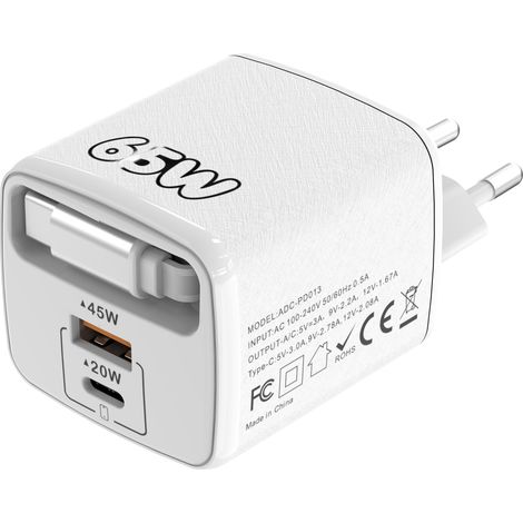 Chargeur voyage multi-port 1PD+USB 65W PD couleur macaron avec câble rétractable, prise européenne pour téléphone-blanc (1/5)