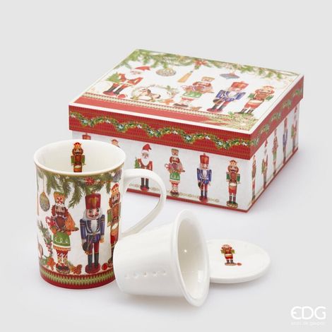 EDG Enzo De Gasperi Tazza Natale Porcellana con Filtro + Coperchio H 11 Cm 320 Ml Bianco Verde