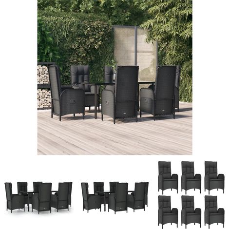 Rattanstuhl - vidaXL 7-tlg. Garten-Essgruppe mit Kissen Schwarz Poly Rattan - Gartenmöbel Schwarz (1/5)
