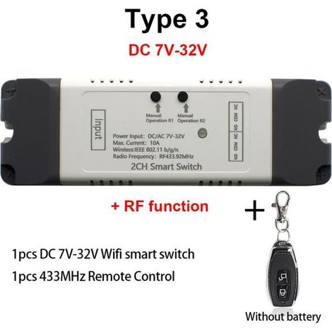 1 télécommande domotique, relais 2 voies WiFi + RF, commande garage intelligent 12V à 220V, DC7-32V, pour maison connectée et portail automatique
