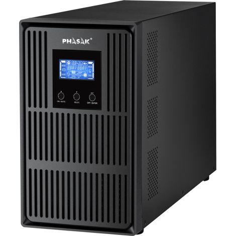 UPS online, marca Phasak, modello PH 8030 3000 VA, ideale per la protezione di apparecchiature critiche, con doppia conversione, onda pura, modalità ECO, gestione SNMP e alta efficienza. (1/5)