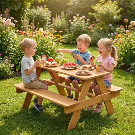 Set di mobili da giardino per bambini, tavolo da picnic per bambini con panchine, struttura in legno massello, legno naturale