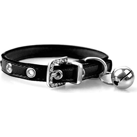 Collier Réglable en Cuir Doux avec Clochette - Collier Chat pour Chat, Chaton, Chiot, Petit Chien(17cm-22cm)-Noir (1/5)