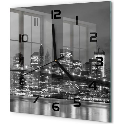 Horloge Murale Carrée Verre Trempé Silencieuse Facile à Lire Design Moderne Manhattan, New York 30x30 cm (1/5)
