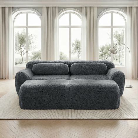 Sofá modular de 2 plazas gris en plush sin montaje con 2 otomanas y diseño envolvente (1/5)