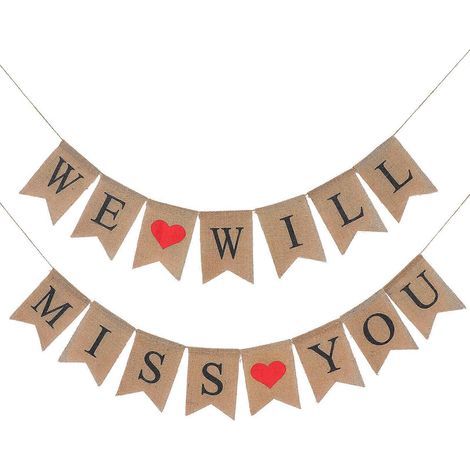 Guirlande lumineuse « Tu vas nous manquer » en lin et toile de jute, motif cœur, avec guirlande à tirer en forme de queue d'hirondelle, décoration pour la Saint-Valentin (1/4)