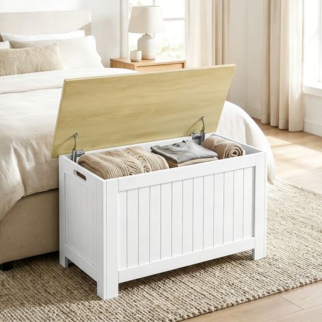 Coffre de rangement 90 L avec couvercle, coffre de rangement polyvalent avec charnière de sécurité, 80,5 x 40 x 46,4 cm, naturel et blanc (1/5)